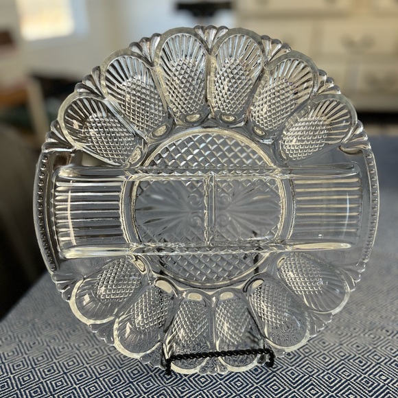 Deviled Egg & Relish Plate, 11" Crystal Platter Vintage Diamond Shape Cut Party - Picture 2 of 16